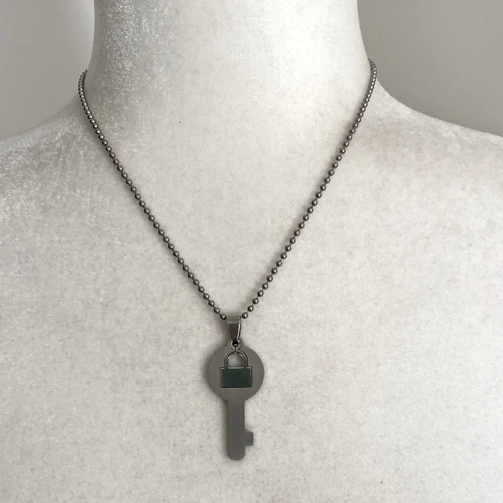 Silver Key to My Heart Necklace Minimalist Lock & Key Pendant Futuristic